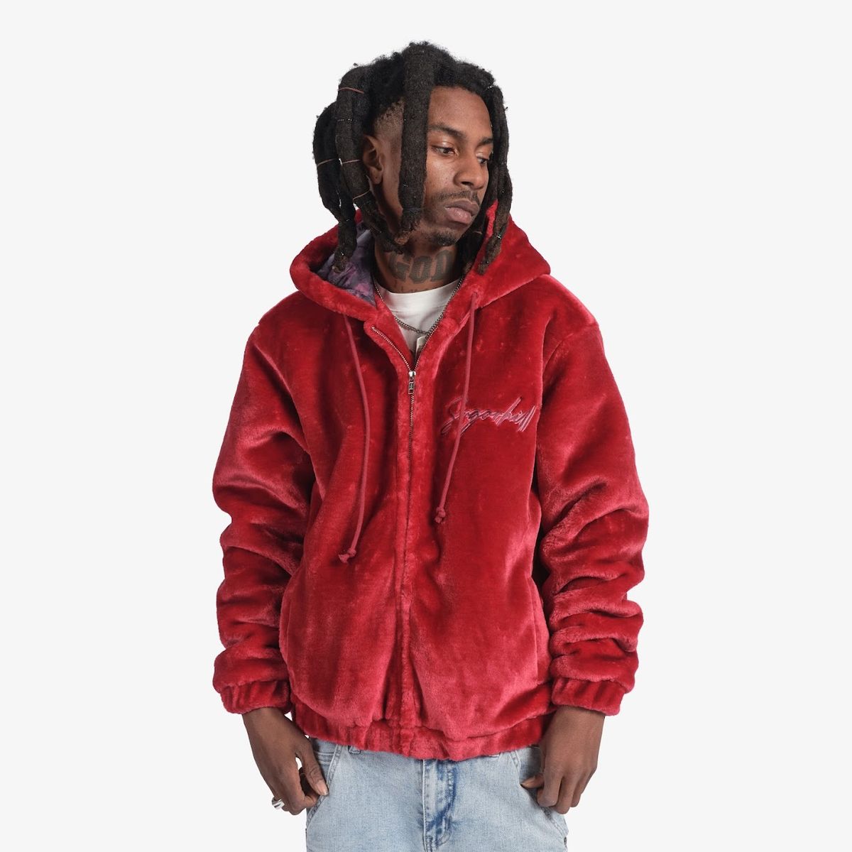 SUGARHILL-"TRACES" FUR ZIP-UP HOODIE (RUBY RED)-SH24-HOL-40