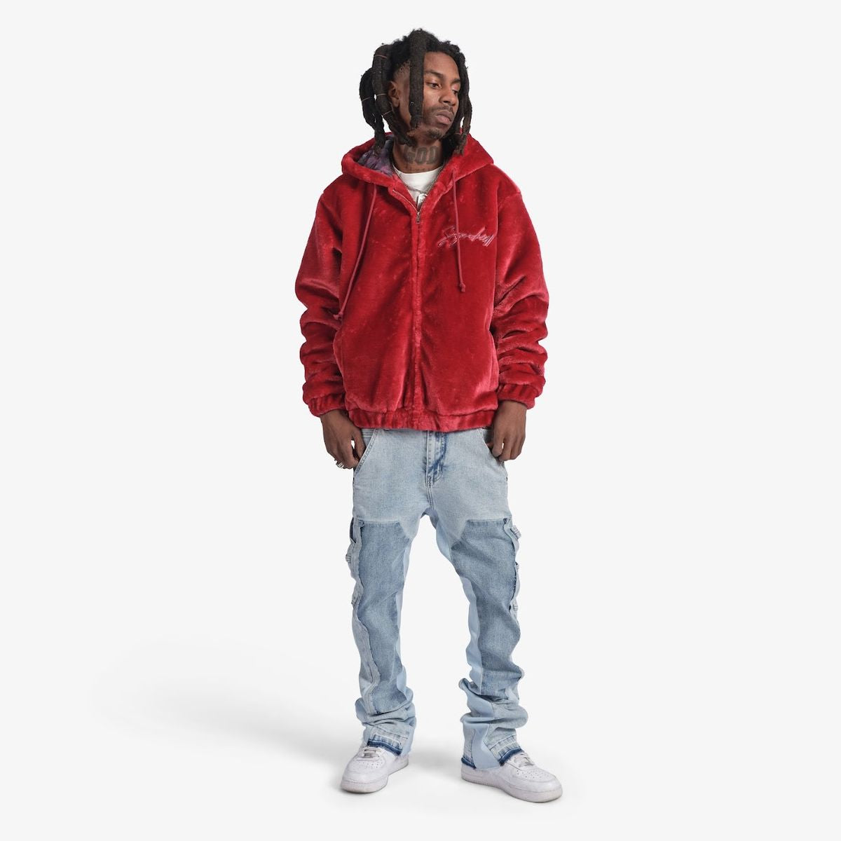 SUGARHILL-"TRACES" FUR ZIP-UP HOODIE (RUBY RED)-SH24-HOL-40