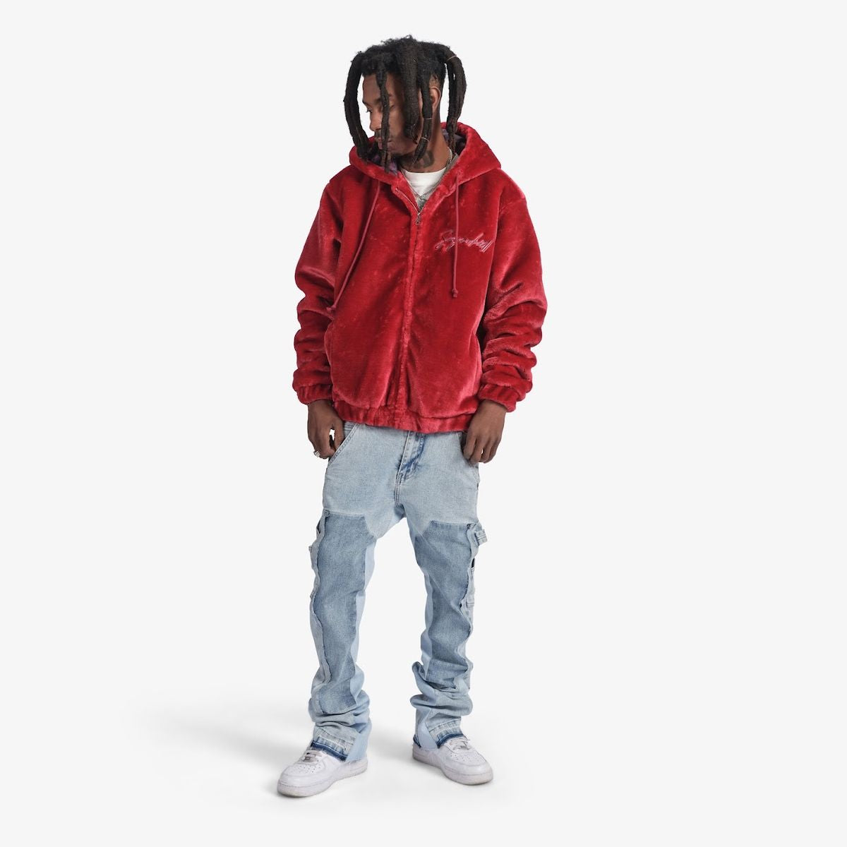 SUGARHILL-"TRACES" FUR ZIP-UP HOODIE (RUBY RED)-SH24-HOL-40