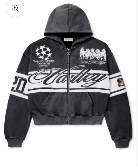 VALLEY-BLACK CURSIVE ZIP UP HOODIE