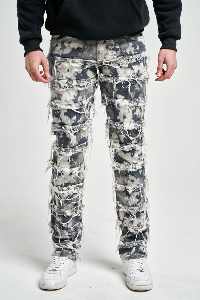TAKER-T4015, "SLIM FIT" JEANS WITH FRAYED PATCH & TIE DYE EFFECT