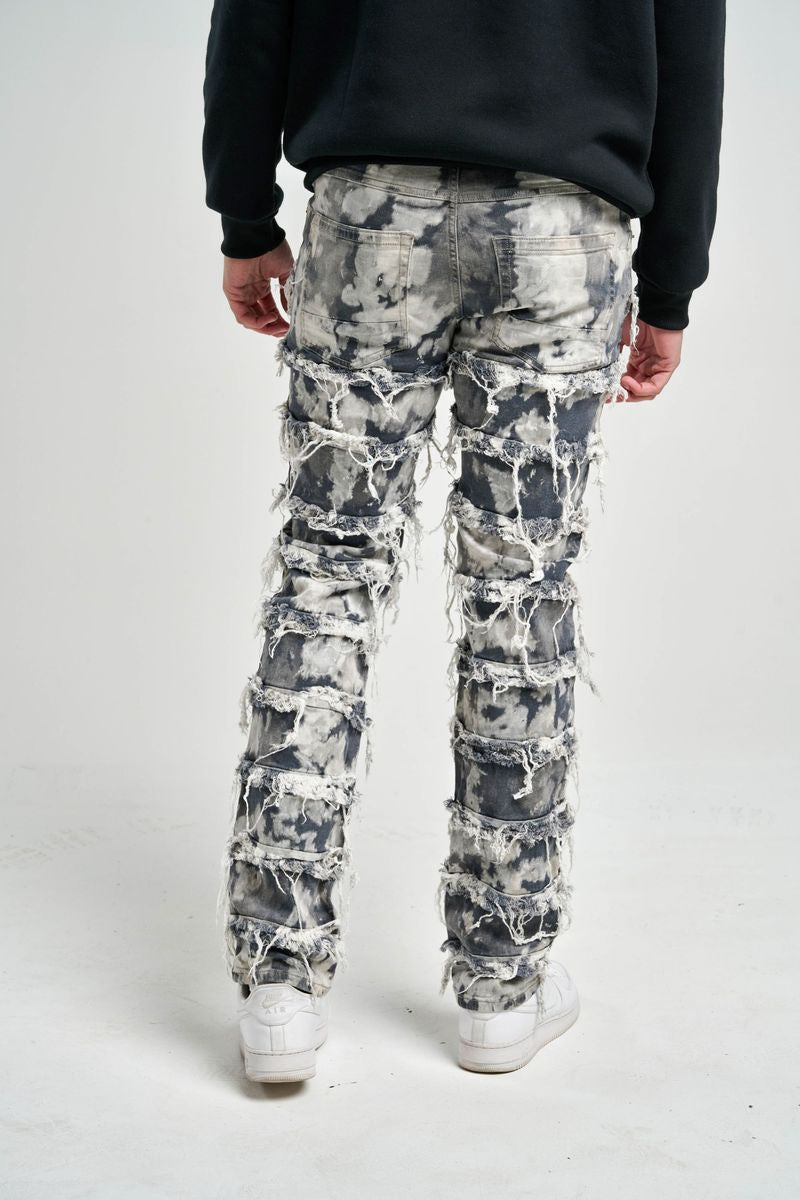 TAKER-T4015, "SLIM FIT" JEANS WITH FRAYED PATCH & TIE DYE EFFECT