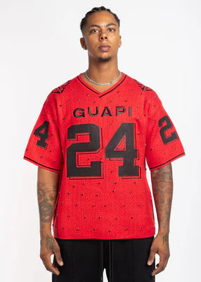 GUAPI-CRIMSON RED EMBELLISHED FOOTBALL TEE