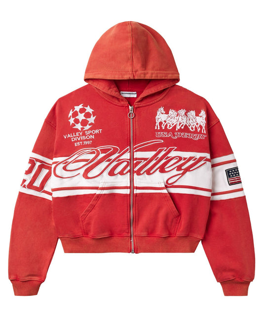 Valley - RED CURSIVE ZIP UP HOODIE