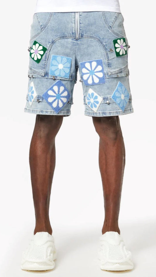 GUAPI - AQUA BLUE FLOWERS DENIM SHORTS