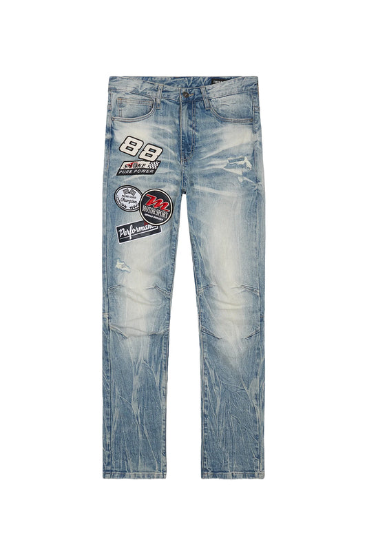 SMOKE RISE-Embroidered Patched Racing Denim Jacket - Beacon Blue-JP24146