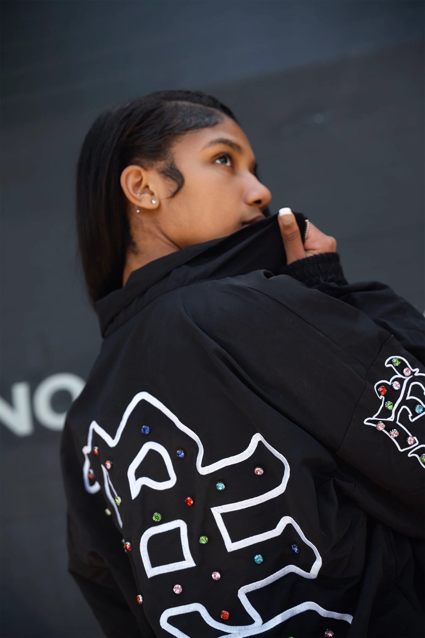 MIXED EMOTION-ME” Rhinestone Nylon Jacket