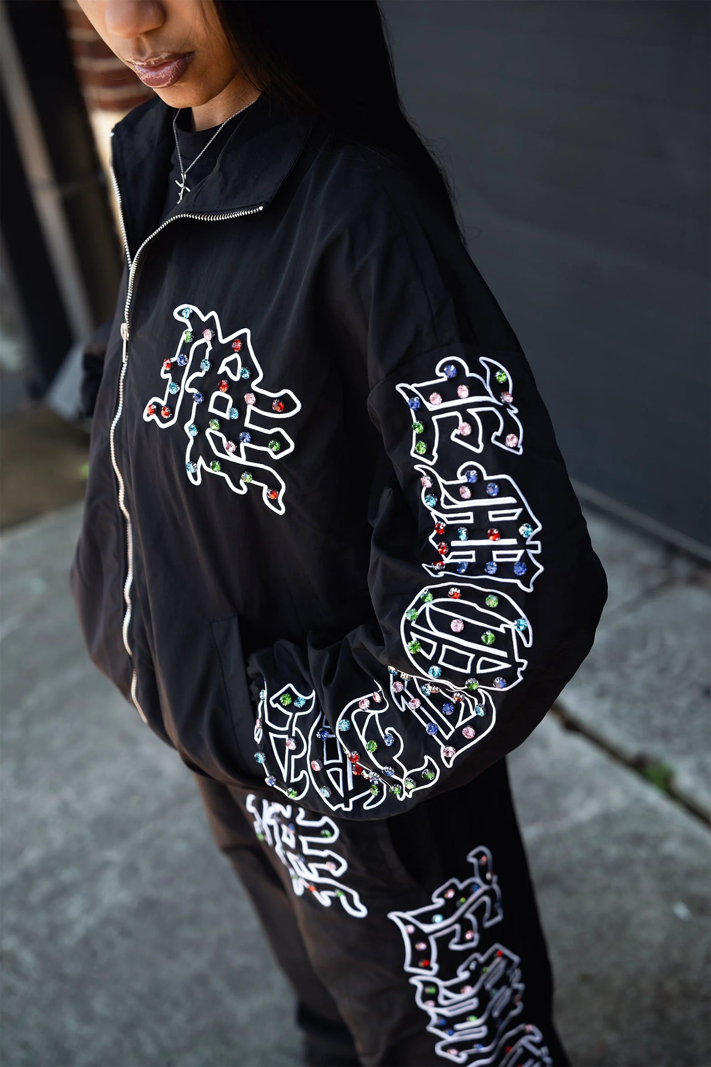MIXED EMOTION-ME” Rhinestone Nylon Jacket