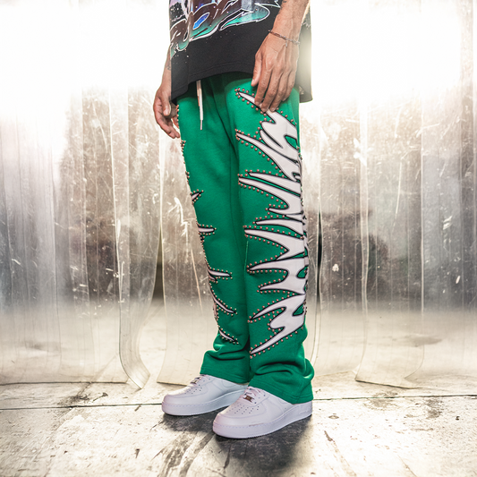 CAMPUS - Misfit Studded Terry Flare Sweatpants (Green) - CG-F25-008