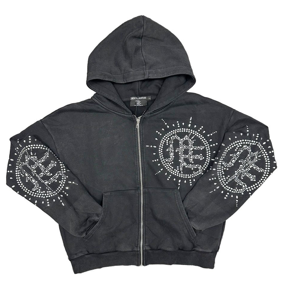 MIXED EMOTION-Eclipse’ Grey Acid Wash Rhinestone Hoodie