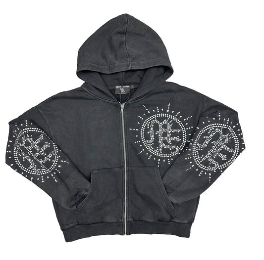 MIXED EMOTION-Eclipse’ Grey Acid Wash Rhinestone Hoodie