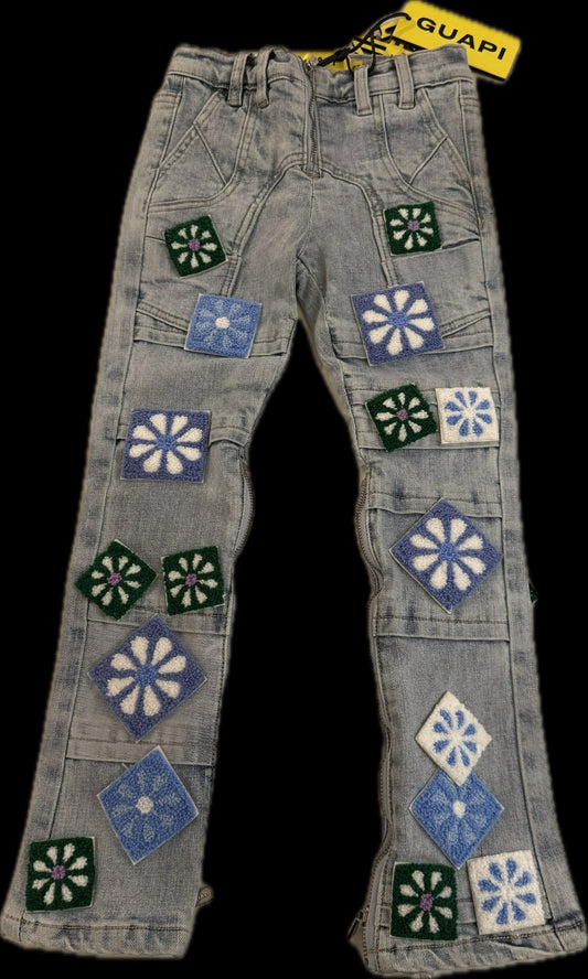 GUAPI AQUA BLUE FLOWERS KIDS DENIM JEANS